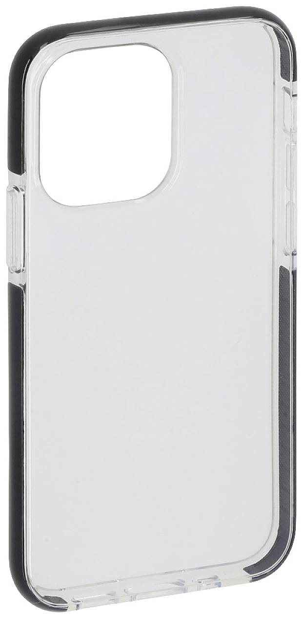 Coque de téléphone transparente avec bordure noire, adaptée à un smartphone, montrant un dos lisse et des découpes pour les caméras et les boutons.