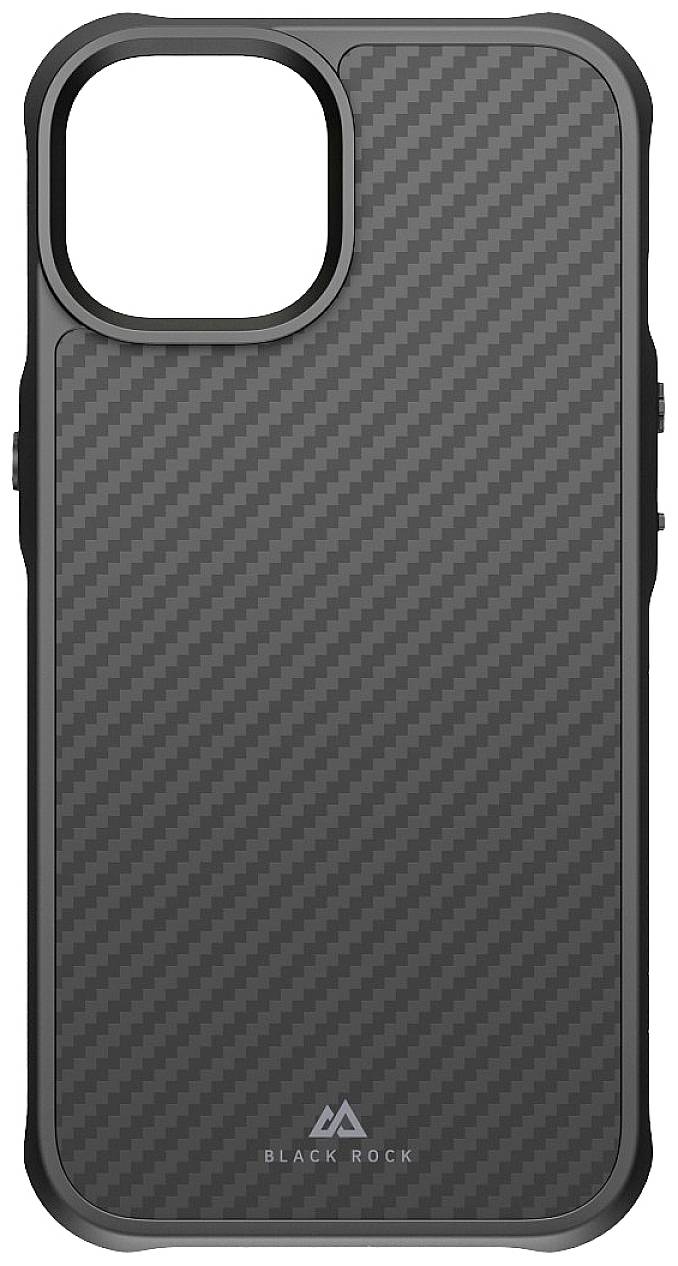 Coque de protection pour smartphone avec motif en fibre de carbone, découpe rectangulaire de la caméra en haut à gauche, logo noir 'BLACK ROCK' en bas.