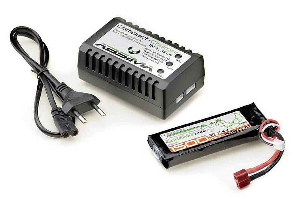 Chargeur Compact avec batterie rechargeable de 1500 mAh, 7,2V. Comprend également un câble d'alimentation. Adapté aux modèles télécommandés.