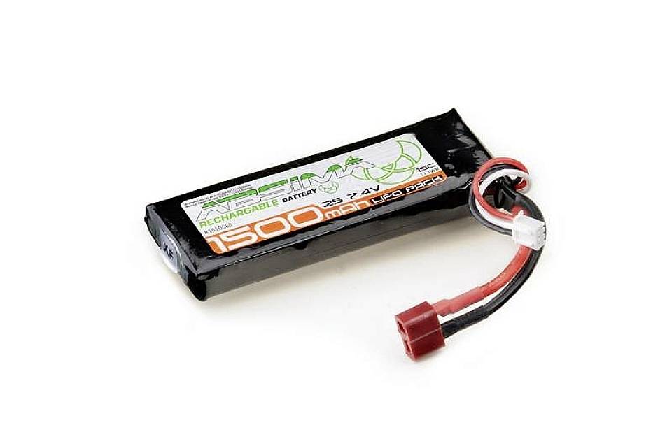 Une batterie rechargeable rectangulaire portant l'inscription '1500mAh 7.4V' avec des câbles de connexion rouges et noirs.