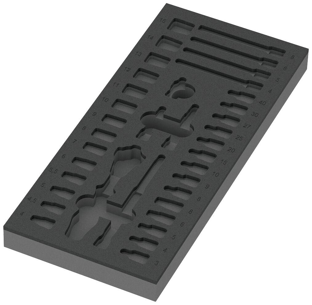 Insert en mousse avec des formes découpées pour les outils, marquées de numéros pour l'organisation et le rangement.