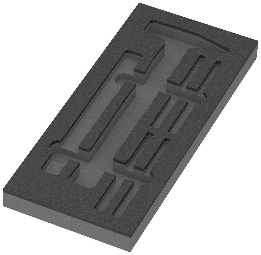 Garniture en mousse noire avec des découpes, adaptée pour les outils ou les appareils. Forme rectangulaire avec différentes découpes.