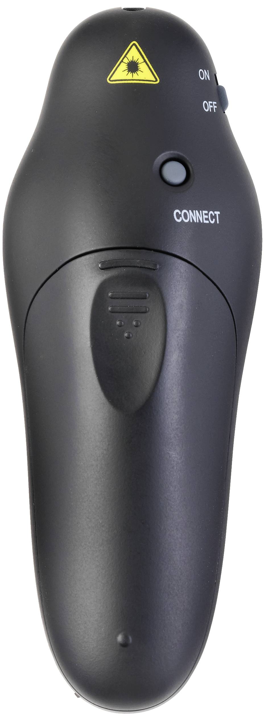 Appareil de présentation laser sans fil noir avec touches 'ON', 'OFF' et 'CONNECT'. Face supérieure avec symbole d'avertissement laser.