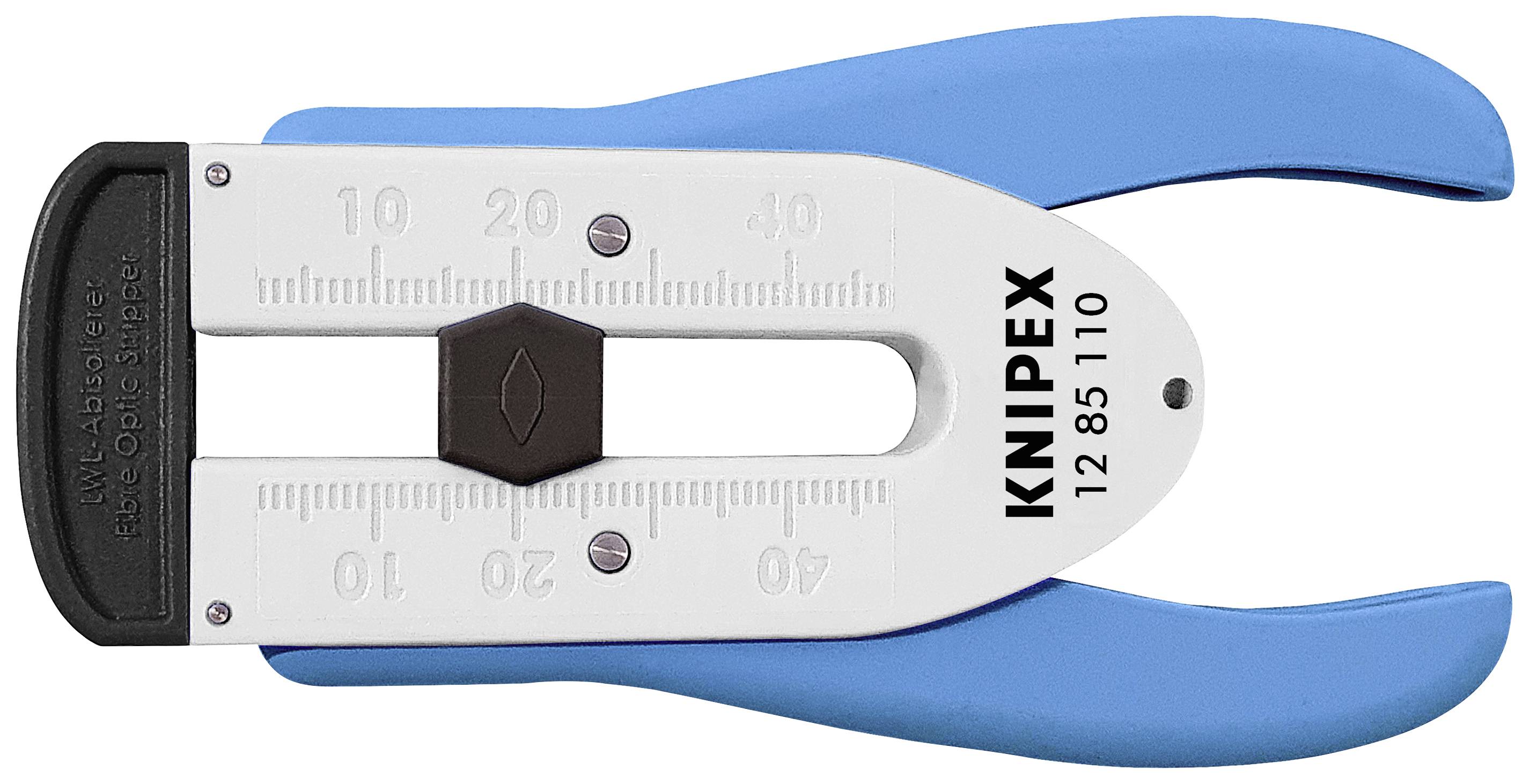Pince à dénuder de couleur bleue avec une échelle imprimée de 0 à 40, pour le dénudage précis des câbles. Marquage 'Knipex 12 85 110'.