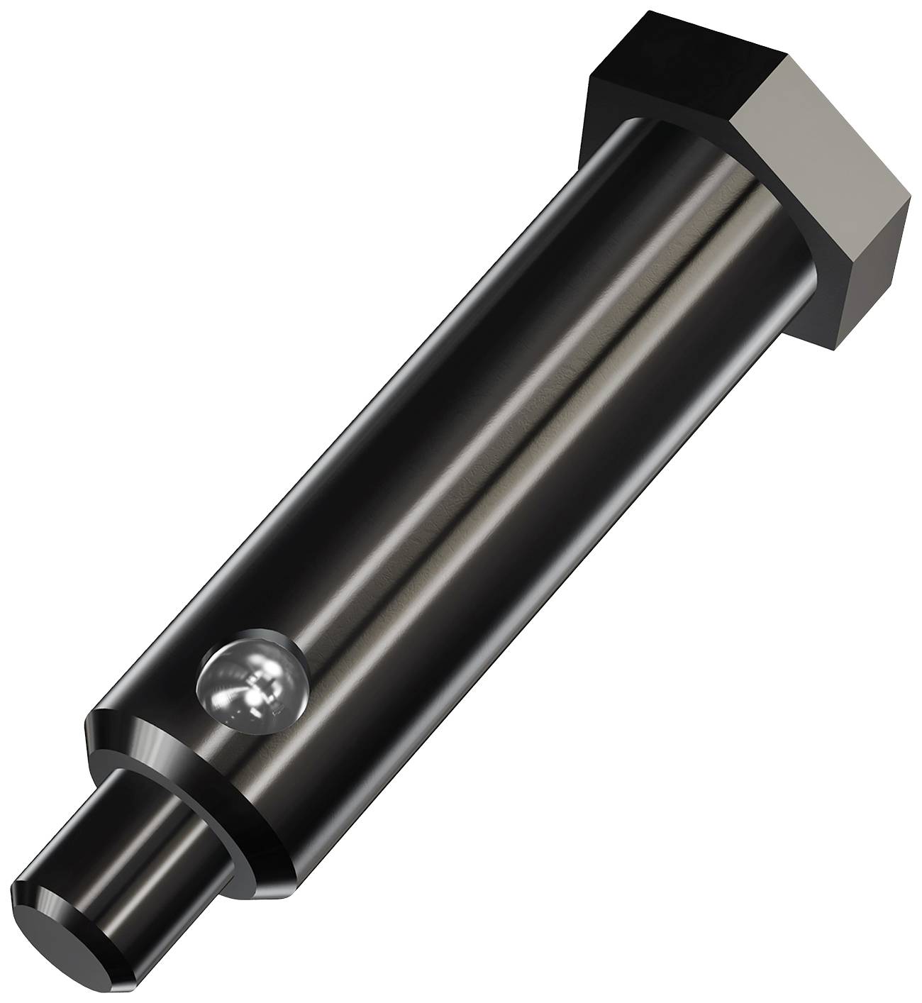 Une goupille hexagonale en acier noir à surface brillante et avec une saillie arrondie, utilisée pour des fixations mécaniques.