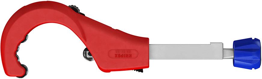 Un coupe-tube rouge avec une vis de réglage bleue pour la coupe des tuyaux.