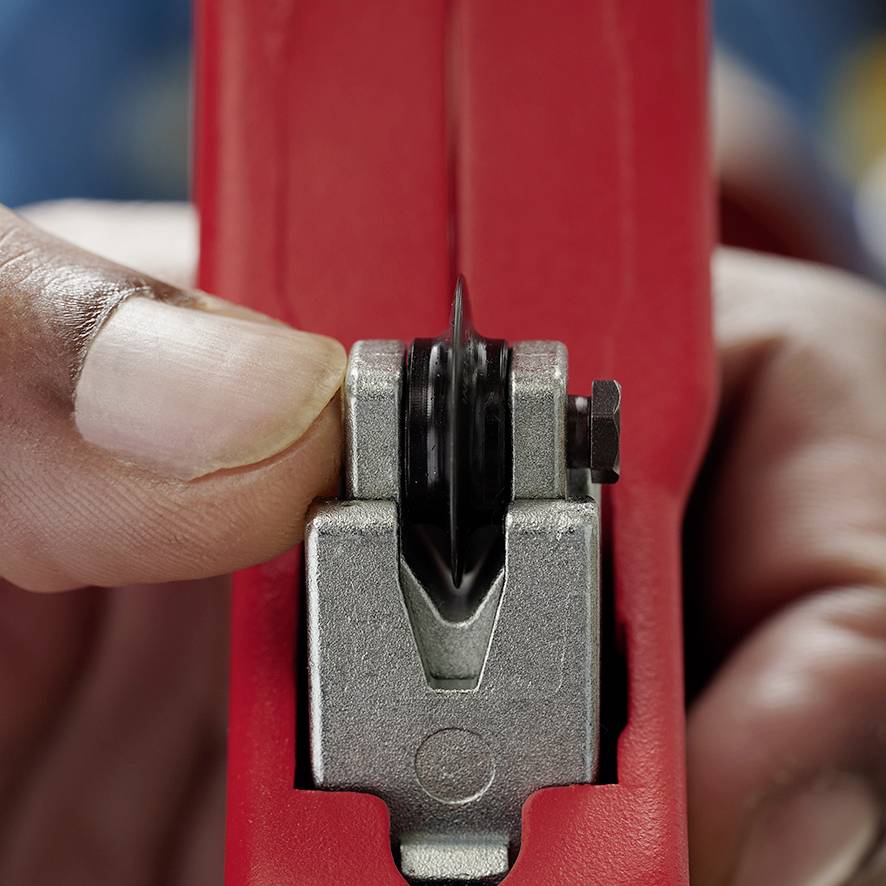 Une main tient un distributeur de ruban rouge, prêt à couper un morceau de ruban.