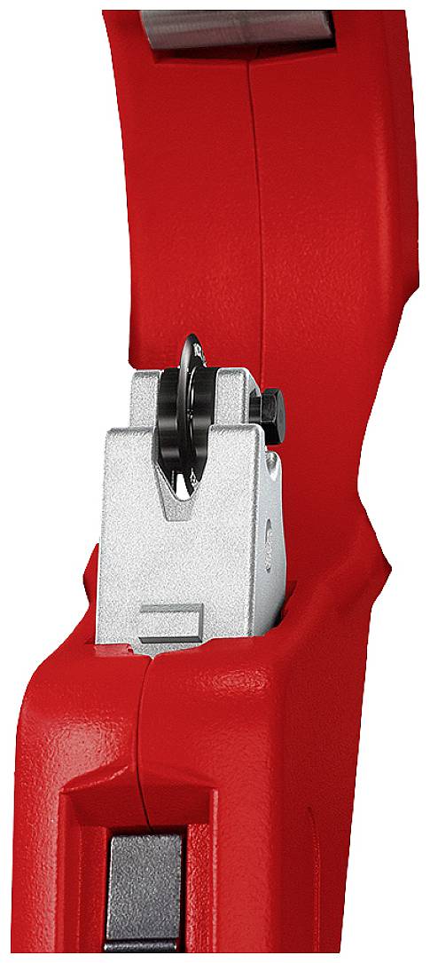 Gros plan sur un coupe-ceinture de sécurité rouge avec support intégré, prévu pour les situations d'urgence dans un véhicule.