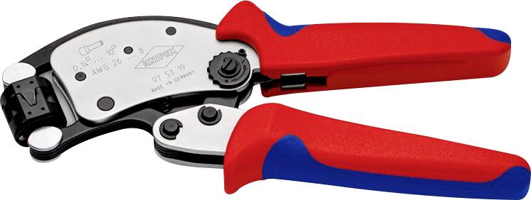 Pince à sertir manuelle avec poignée rouge et bleue, adaptée à différentes tailles de câbles.