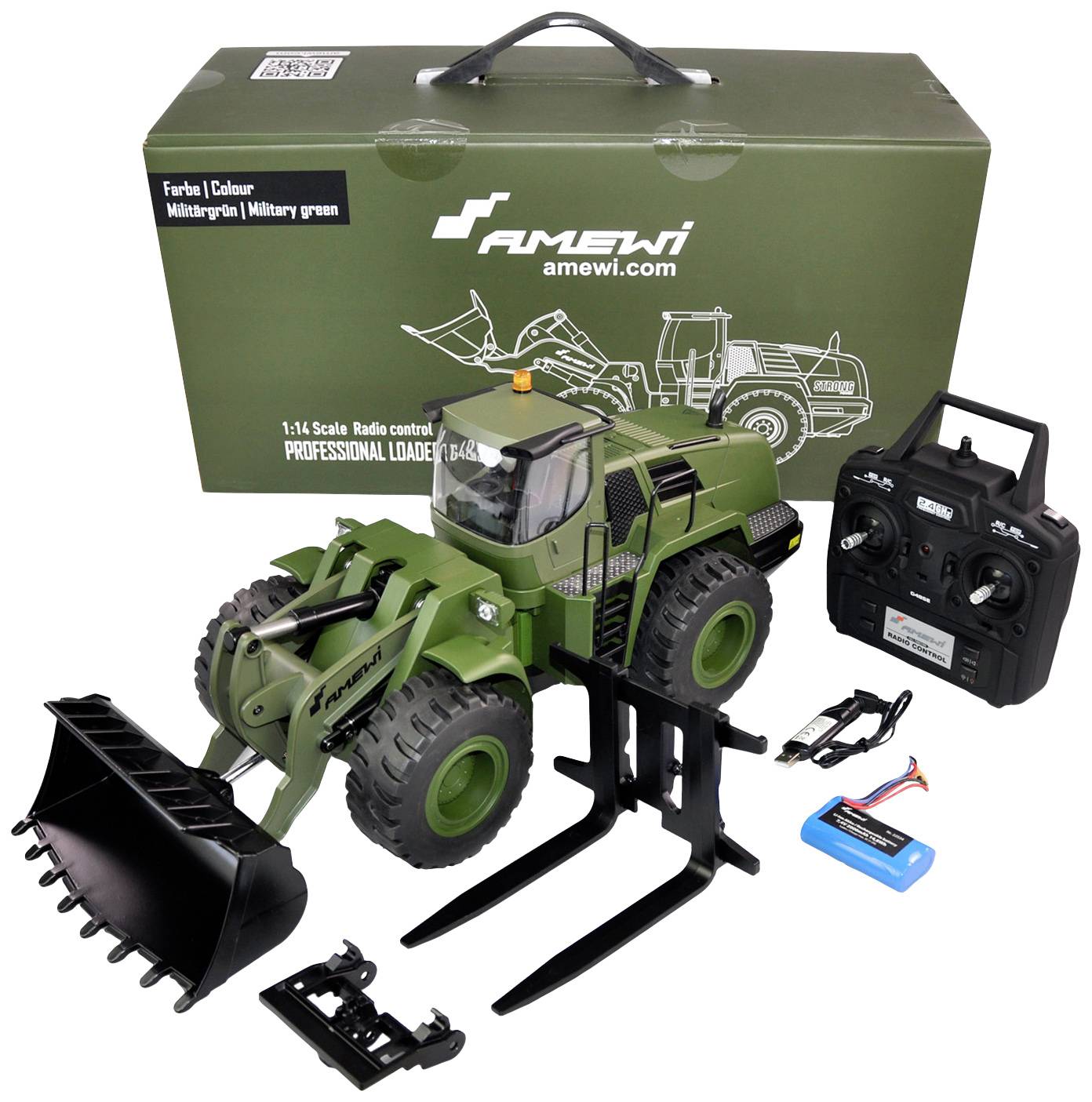 'Pelleteuse télécommandée vert militaire à l'échelle 1:14, fournie avec sa télécommande, sa batterie et son chargeur, présentée à côté de son emballage.'
