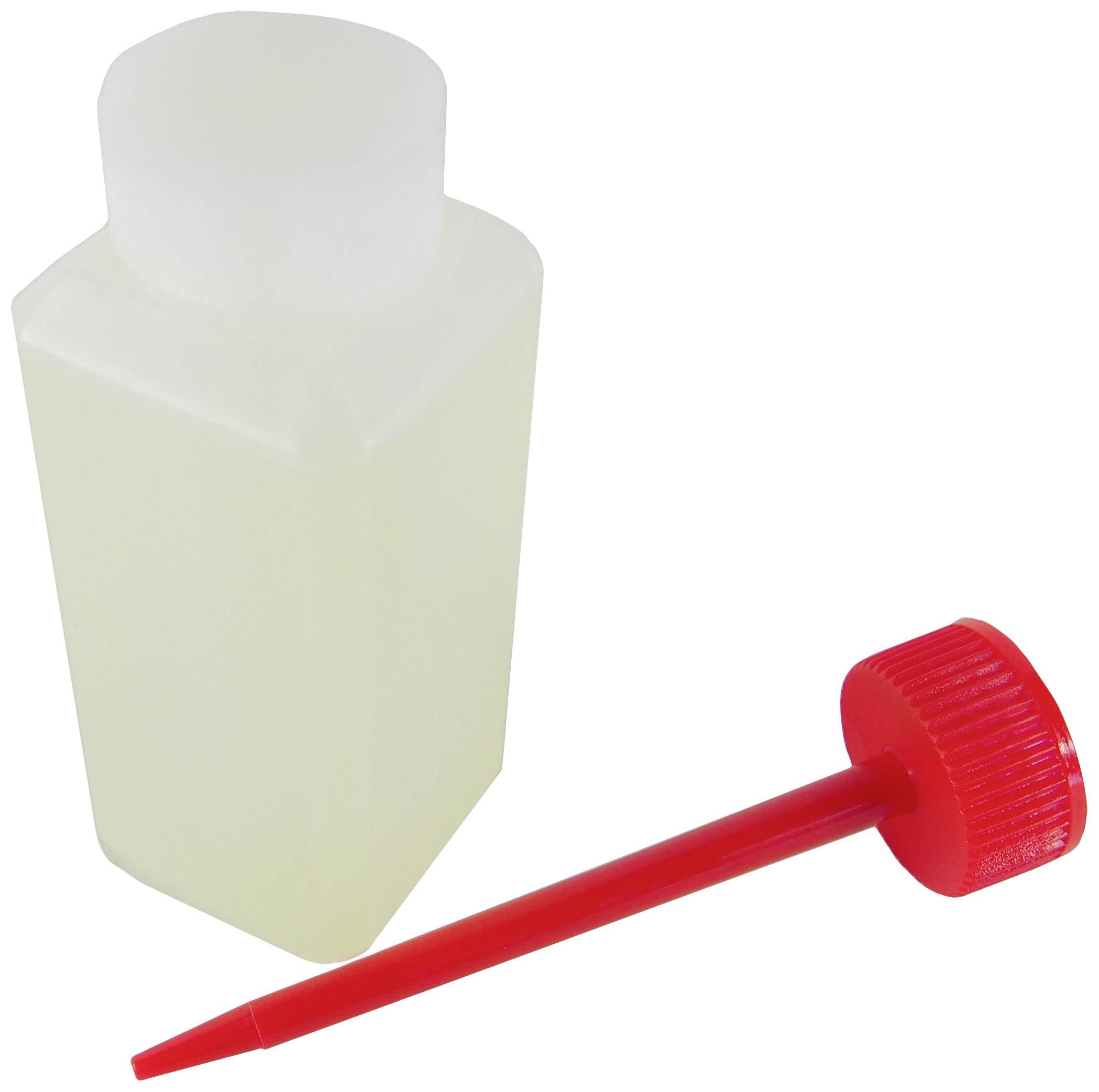 Bouteille en plastique blanc avec un bouchon à vis rouge à long bec, probablement conçue pour verser ou doser des liquides avec précision.