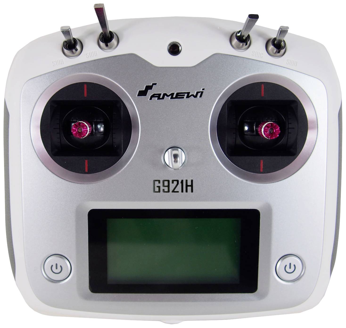 'Télécommande pour modèles réduits d'avions avec deux joysticks, interrupteurs et un écran, modèle G921H.'