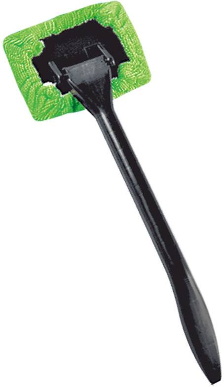 Outil de nettoyage avec un long manche noir et une tête en éponge verte, utilisé pour nettoyer des endroits difficiles d'accès.