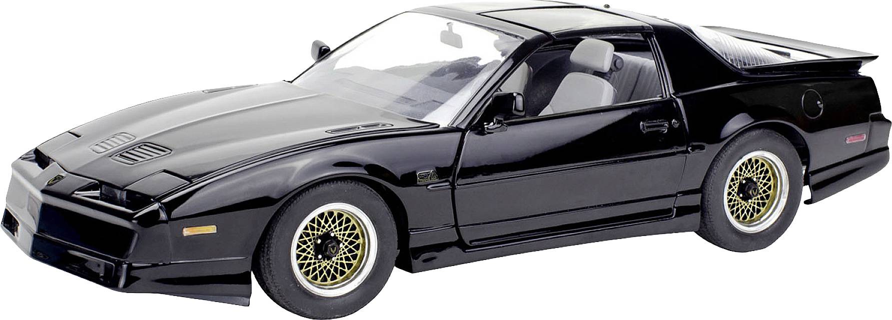 Une voiture de sport noire avec des jantes dorées, un design bas et des vitres teintées.