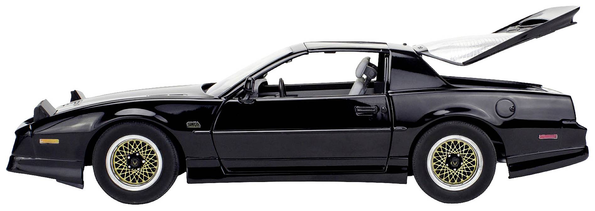 Voiture de sport noire avec jantes dorées, coffre ouvert, vue de profil. Design élégant, soulignant la vitesse.