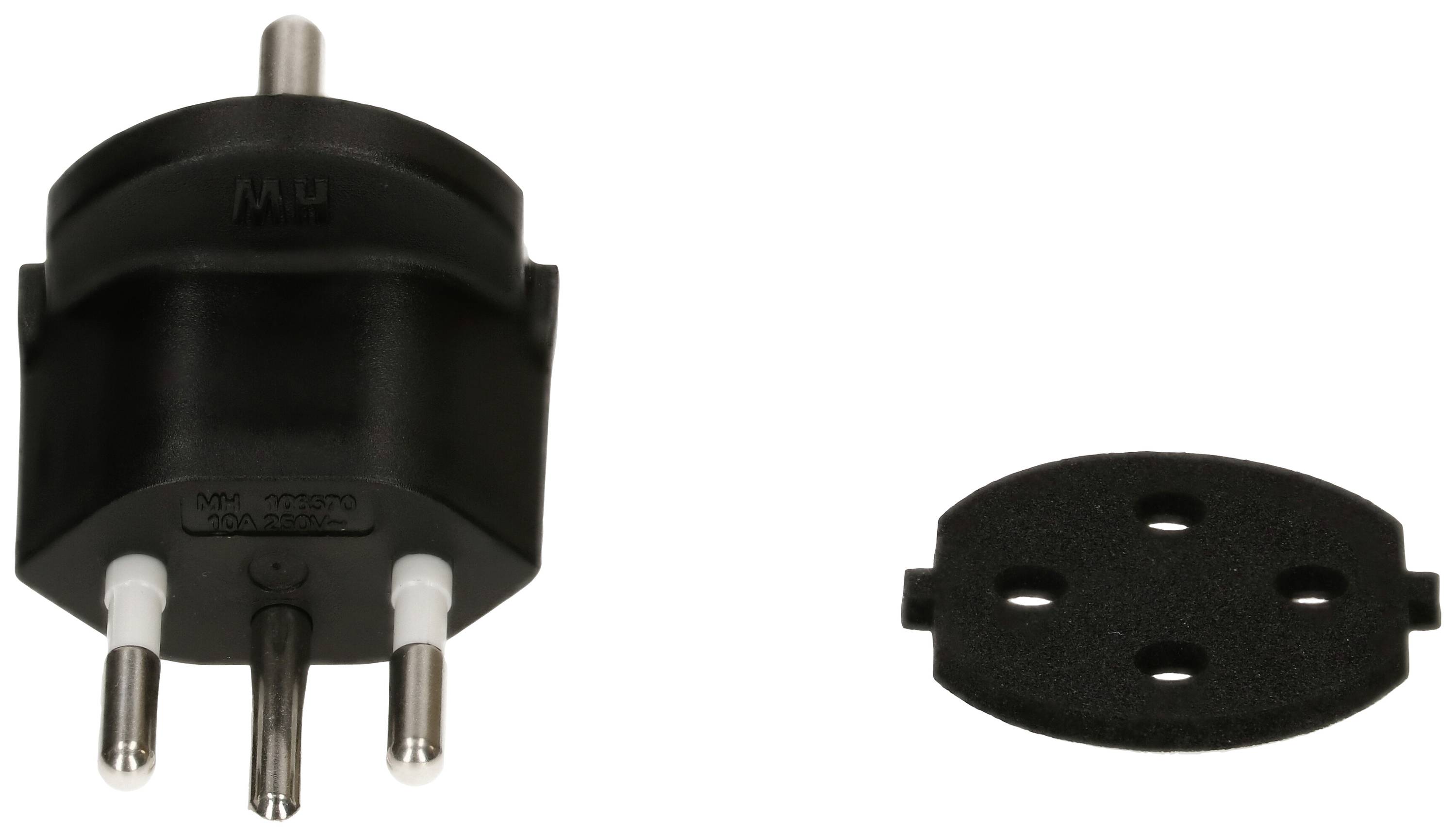 Fiche adaptateur avec deux broches métalliques à droite d'un capot noir ovale séparé.