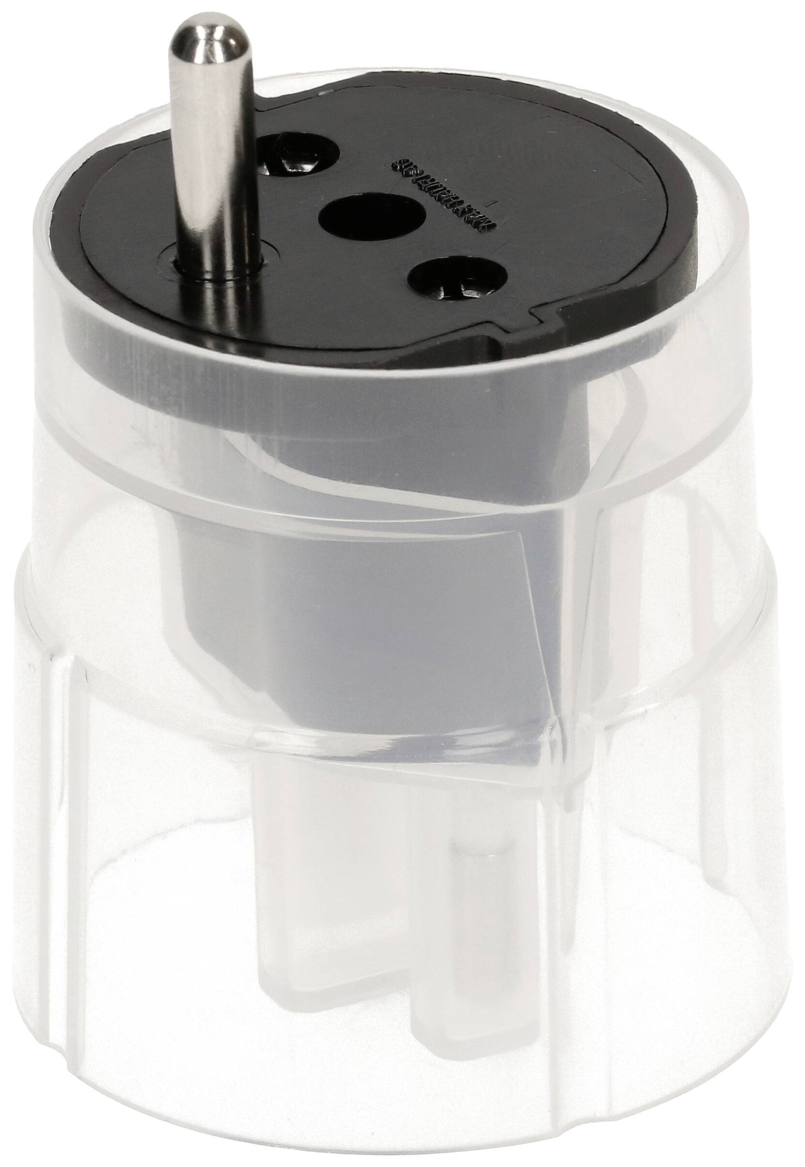 Un adaptateur de voyage transparent pour convertir les types de fiches, principalement destiné à être utilisé dans différentes prises électriques internationales.