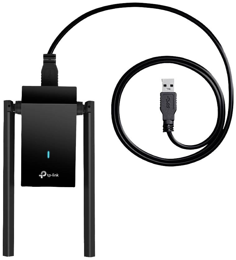 Adaptateur sans fil TP-Link noir avec port USB et deux antennes, adapté pour améliorer la connexion réseau.