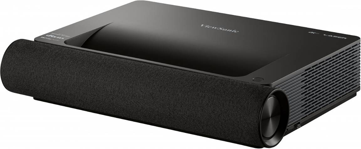 Un projecteur noir, rectangulaire avec des coins arrondis et une grande lentille sur le côté droit, adapté pour le home cinéma.