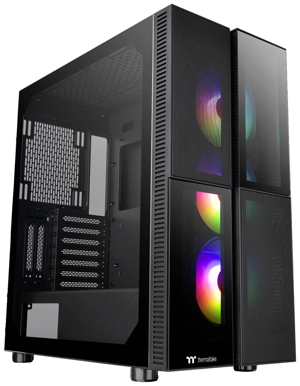Boîtier d'ordinateur noir avec façade en verre, permettant de voir des ventilateurs LED colorés. Boîtier adapté aux ordinateurs de bureau.