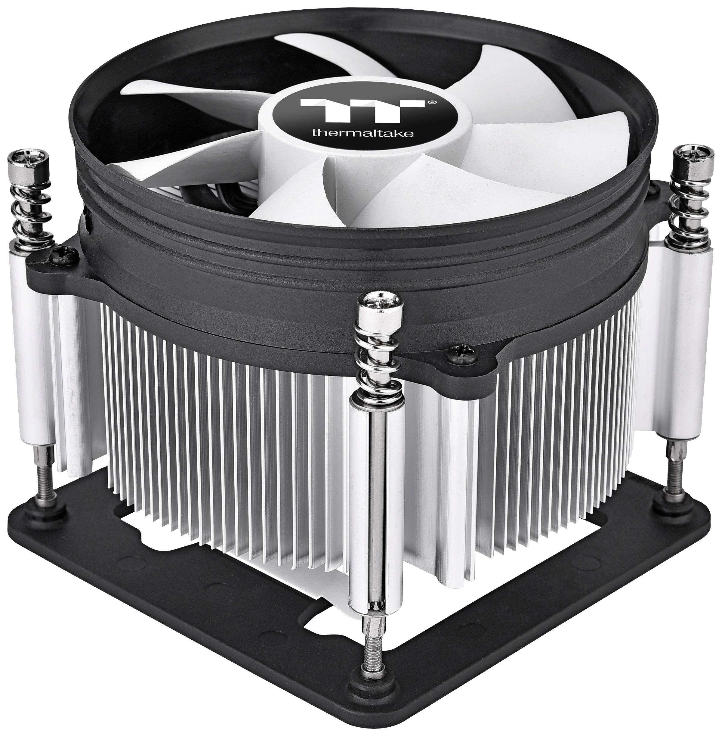 Un refroidisseur de processeur d'ordinateur avec ventilateur et ailettes de refroidissement argentées ; marqué du logo 'Thermaltake' sur le dessus.