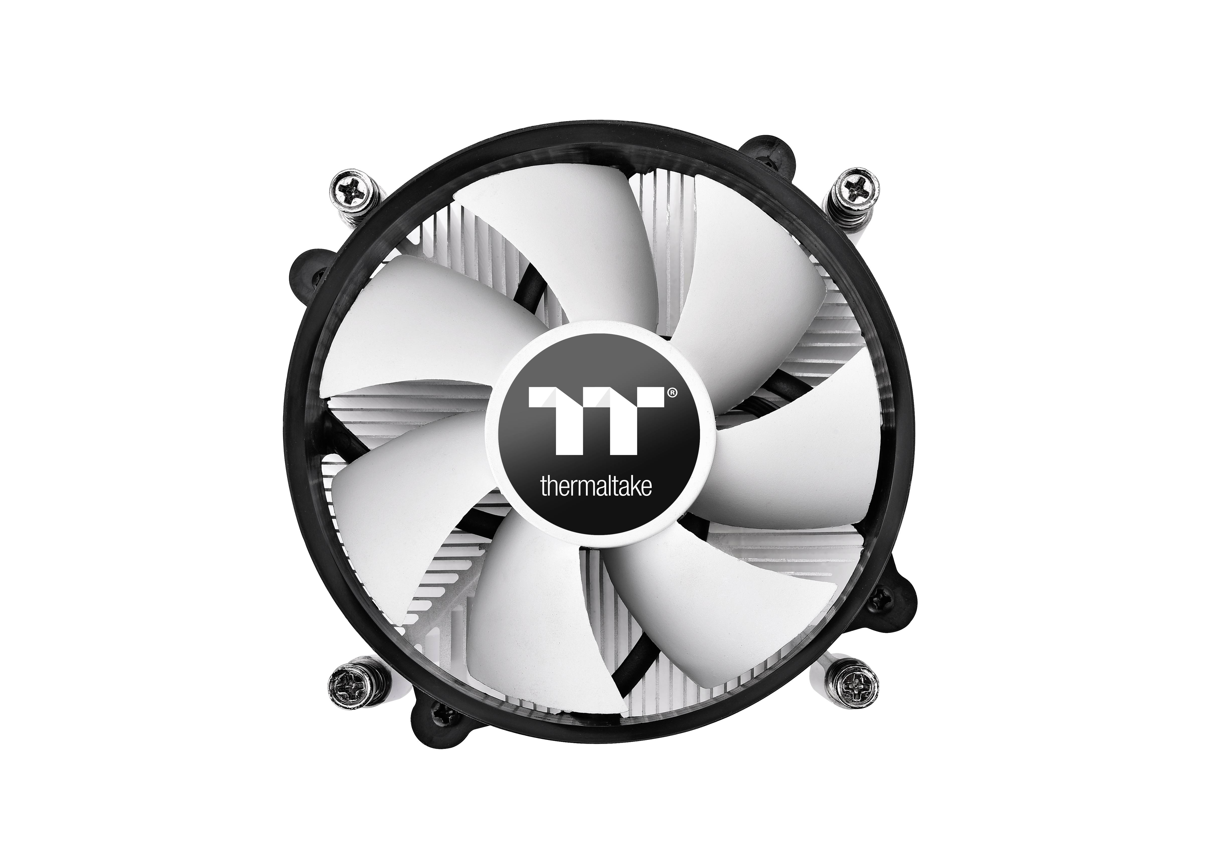 Un ventilateur d'ordinateur rond de Thermaltake avec cinq pales blanches et un cadre noir, adapté pour le refroidissement des PC.