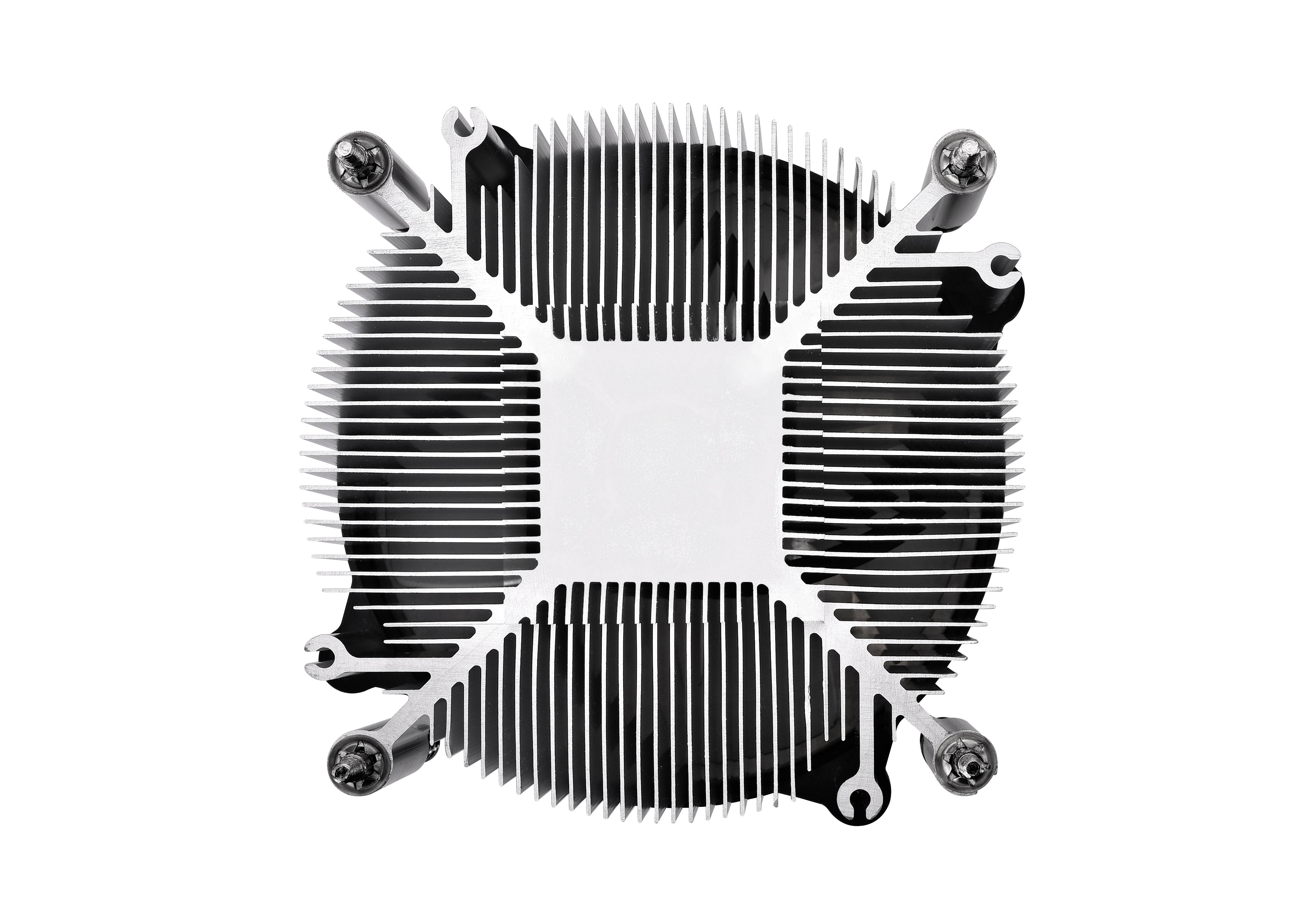 Dissipateur thermique en métal pour l'évacuation de chaleur des composants électroniques. La vue de dessus montre des ailettes parallèles pour optimiser le refroidissement.