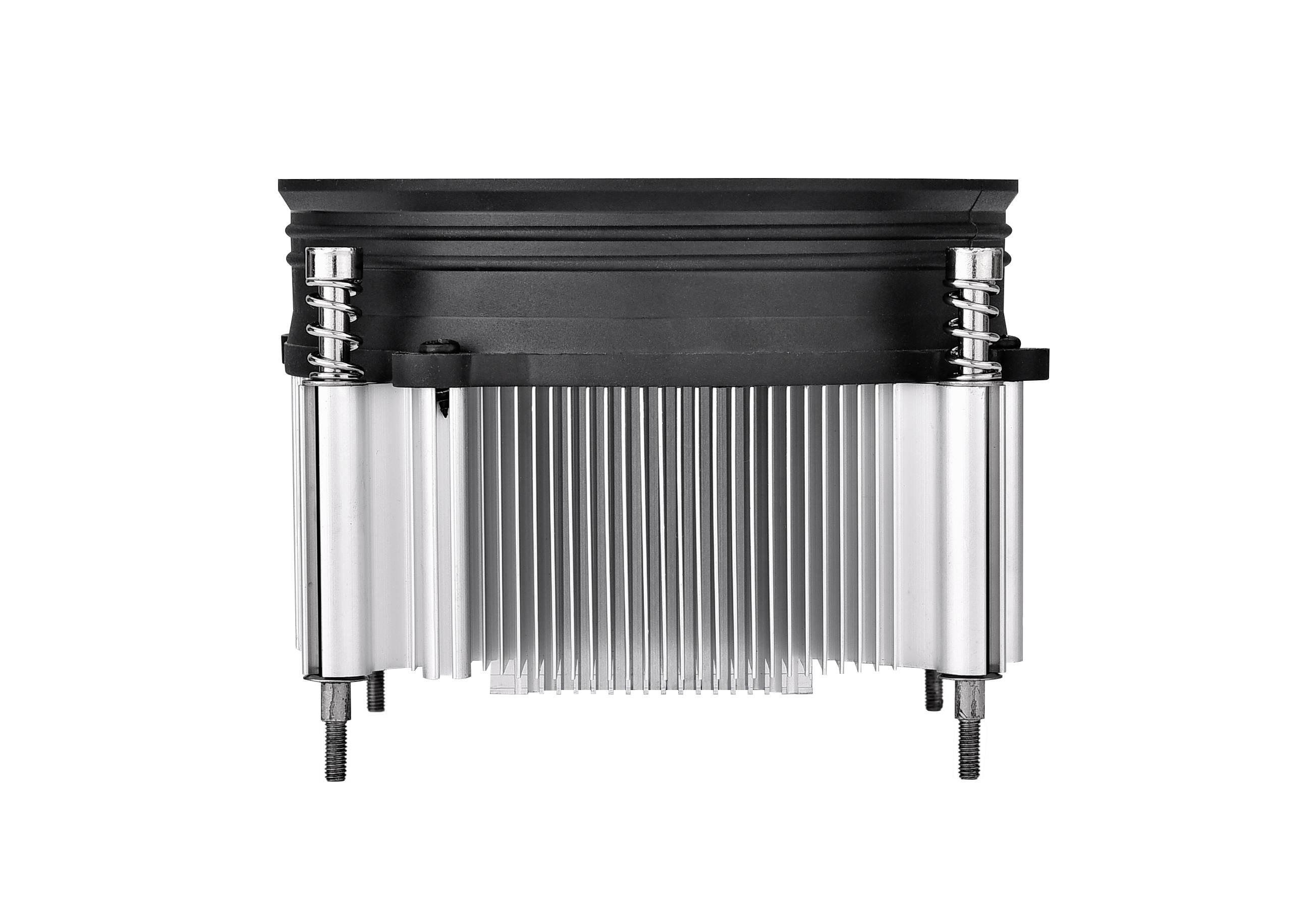 Un dissipateur thermique de CPU d'ordinateur avec des ailettes en aluminium et un couvercle noir en plastique, fixé sur le côté par des vis.