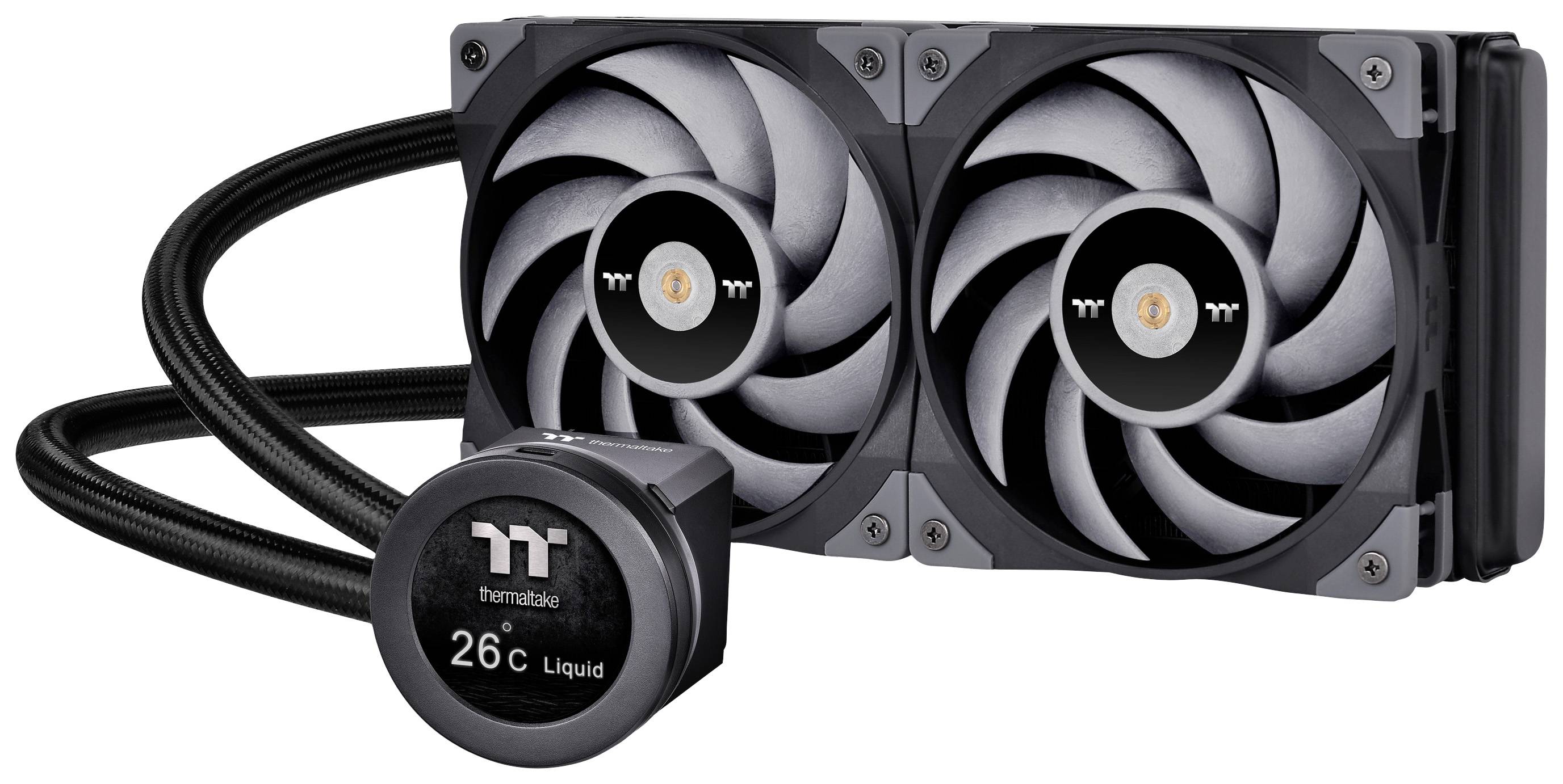 Deux ventilateurs noirs d'une unité de refroidissement à liquide, reliés à un écran rond affichant '26°C Liquide'.
