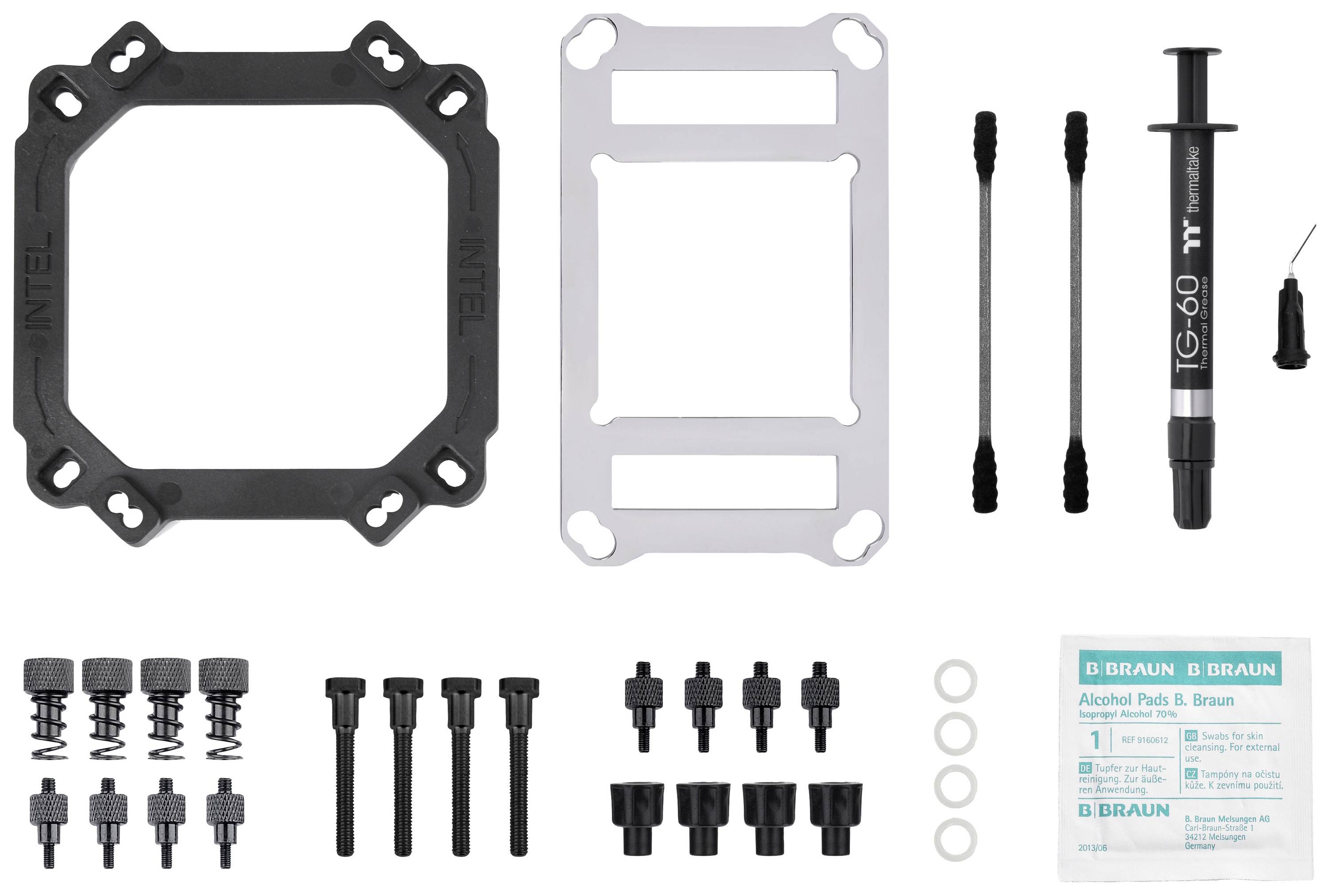 Accessoires de montage pour un dissipateur thermique de processeur, comprenant des supports, des vis, de la pâte thermique et des tampons de nettoyage.