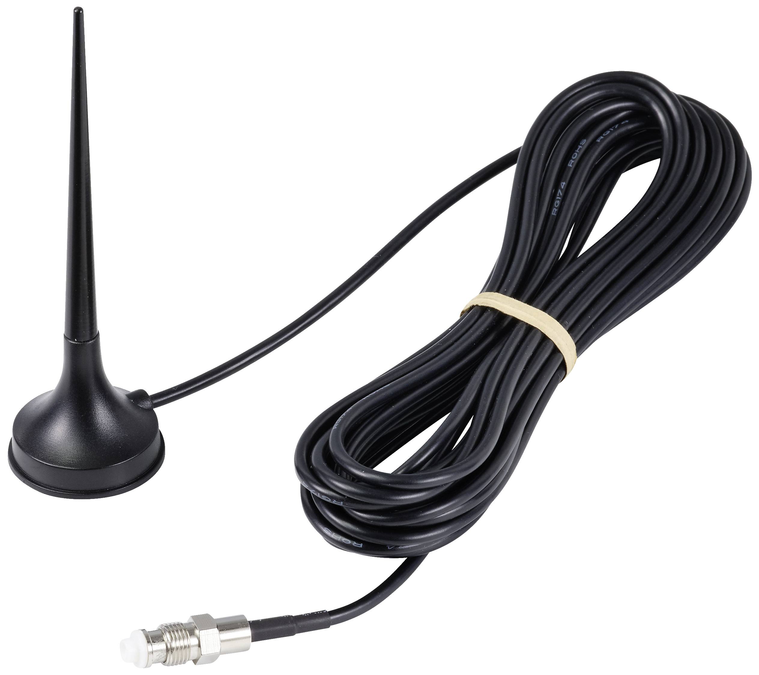 Antenne de communication noire avec longue connexion câblée et connecteur métallique pour applications techniques.