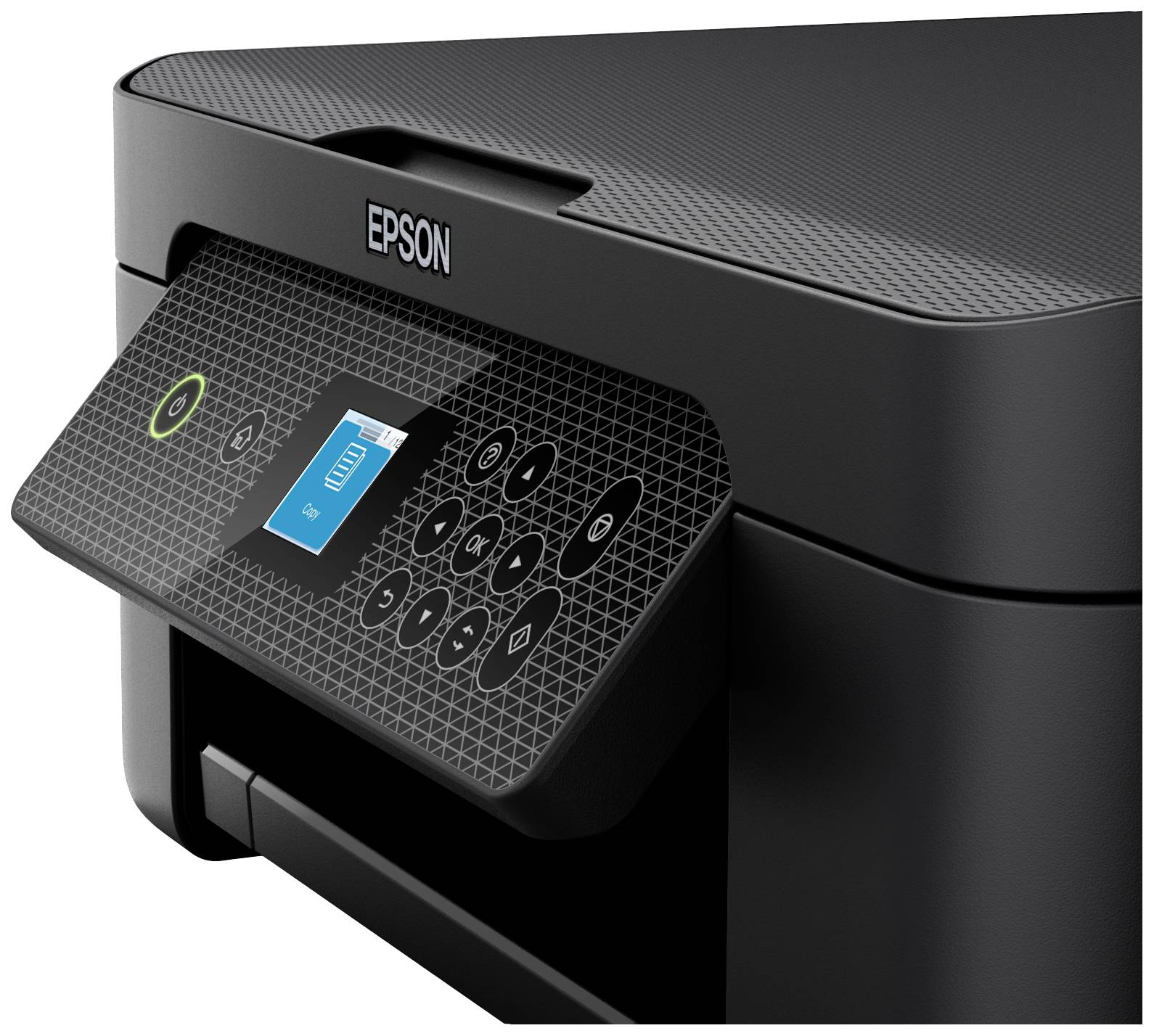 Une imprimante noire avec un panneau de commande latéral et un écran. L'écran affiche une cartouche d'encre. Marque : Epson.