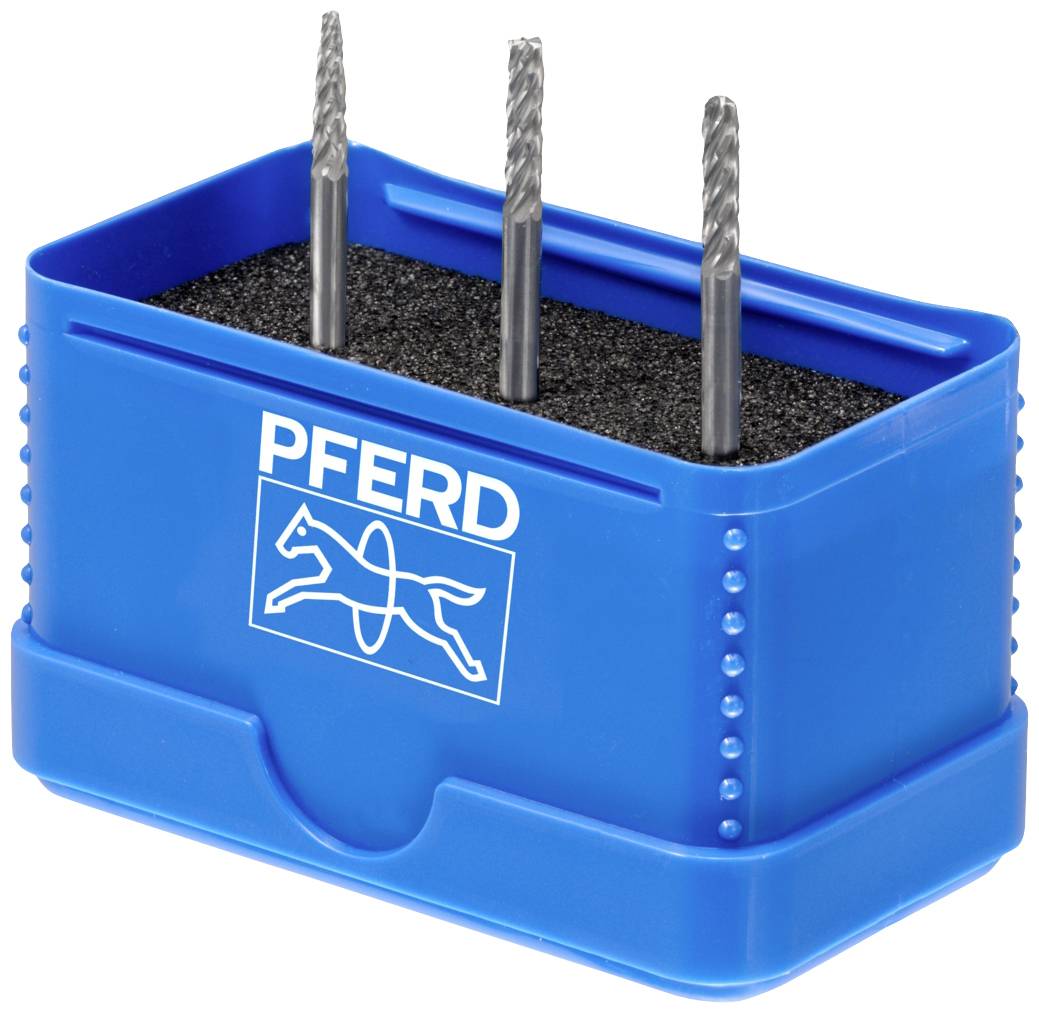 Boîte bleue avec trois fraises insérées ; dessus, un logo blanc représentant un cheval accompagné du texte 'PFERD'.