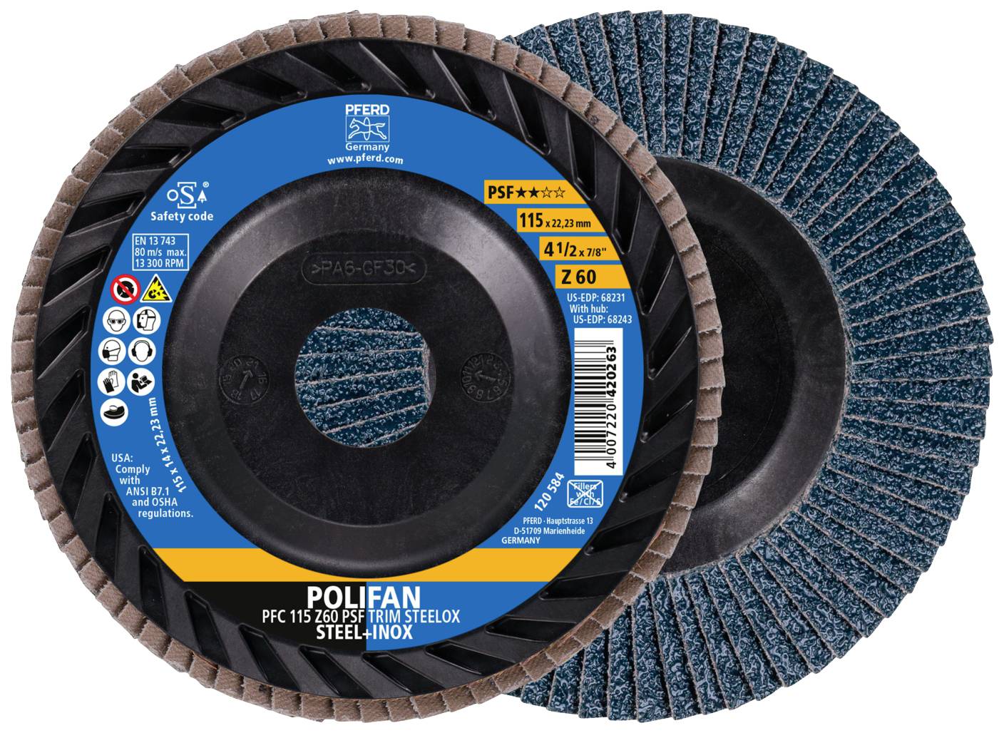 Deux disques à lamelles de PFERD avec des lamelles abrasives bleues et un centre noir. L'étiquette indique les informations de sécurité et de produit.