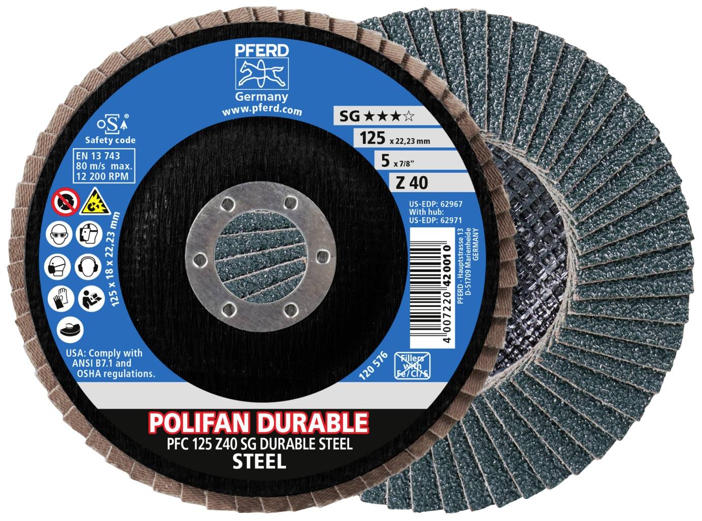 Disque abrasif 'POLIFAN DURABLE' pour acier de 125 mm de diamètre avec alésage de 22,23 mm. Spécification : SG, Z40, 5°. Marque : PFERD.