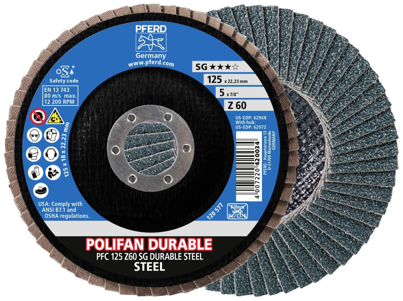 Disque à meuler avec étiquette : 'PFERD Polifan Durable', diamètre 125 mm, Z60 pour acier, bleu-noir, informations de sécurité et de conformité aux normes.