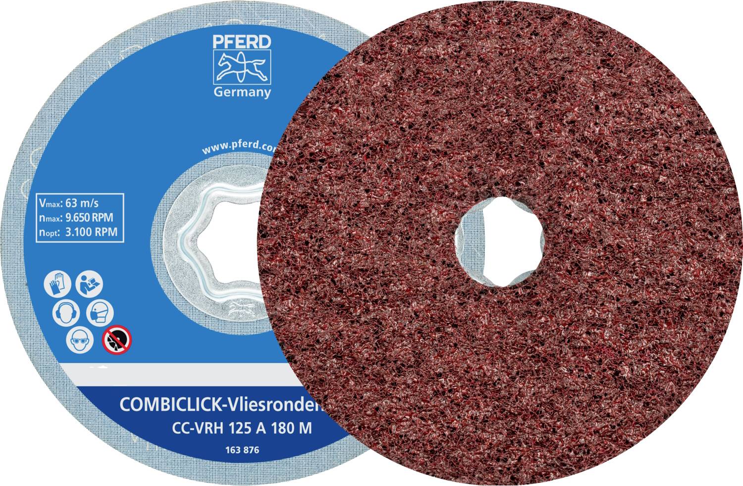 'COMBICLICK-Vliesronden CC-VRH 125 A 180 M' de PFERD. Un disque abrasif rouge avec un dos bleu. Vitesse : 63 m/s, max. 8 500 tr/min.