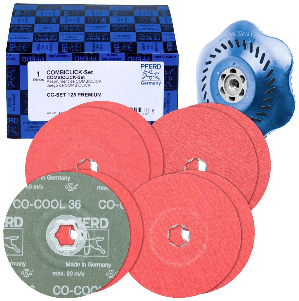 Un ensemble de disques à meuler avec support de PFERD, composé de quatre disques rouges et d'un support bleu, pour le travail des métaux.
