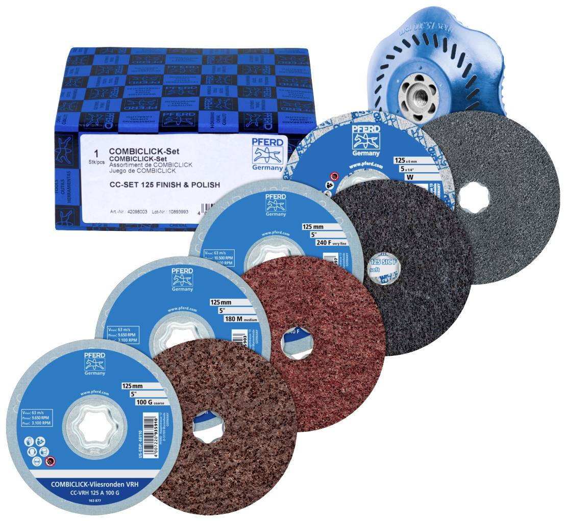 Ensemble de disques de meulage PFERD de différents types et textures, placés devant un emballage bleu. Comprend cinq disques.