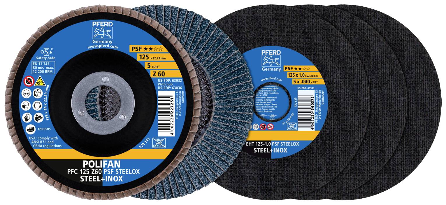 Disques abrasifs de la marque PFERD dans une présentation de produit. L'accent principal est mis sur les spécifications et les domaines d'application des disques.