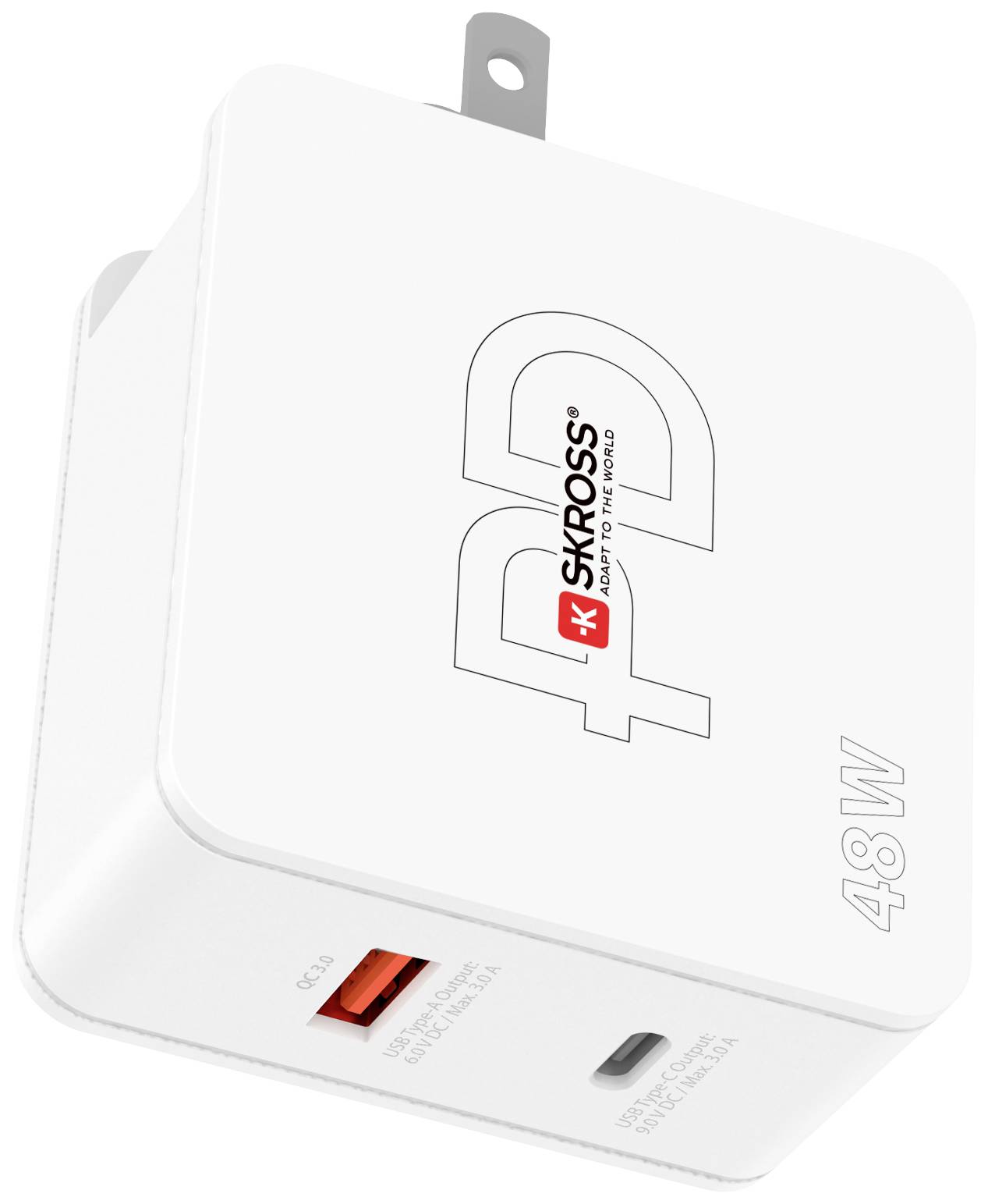 Chargeur secteur blanc SKROSS de 48W avec ports USB et USB-C permettant de charger simultanément plusieurs appareils.
