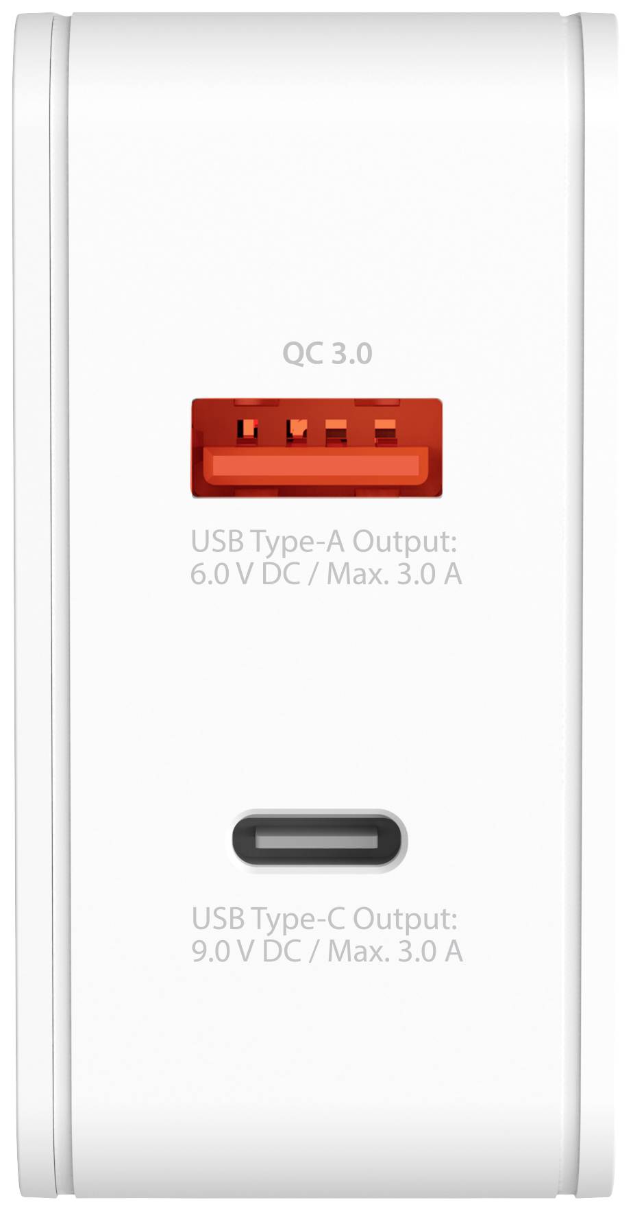 Un chargeur blanc avec deux ports : un USB Type-A avec 'QC 3.0' et un USB Type-C. Les étiquettes indiquent l'intensité du courant et la tension.