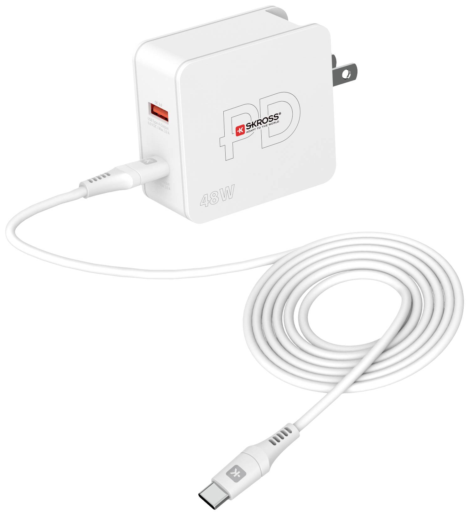 Un chargeur blanc avec port USB-C et câble de charge. Marqué du logo 'SKROSS' et spécifiant une puissance de 45W.