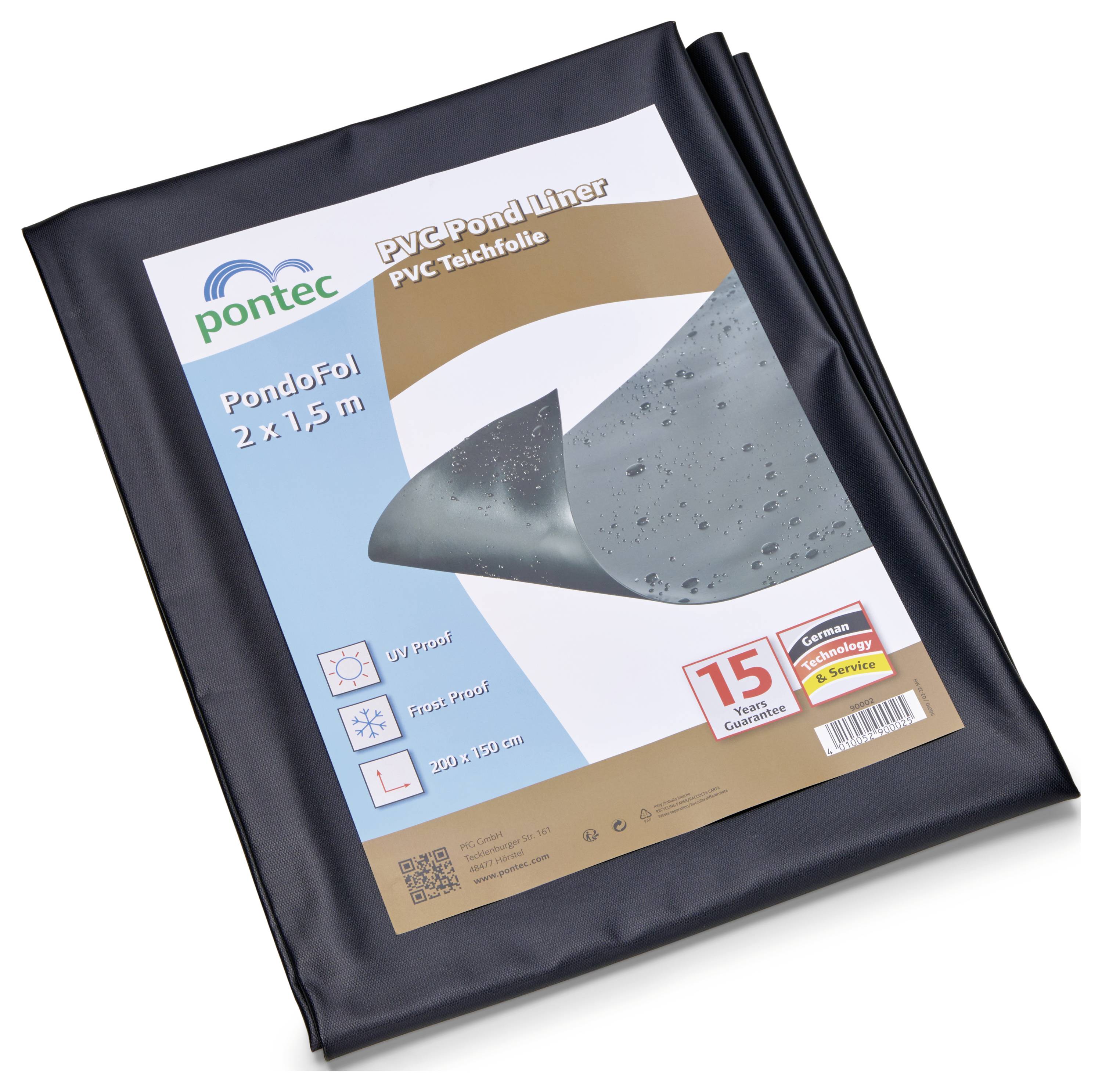 Emballage de bâche d'étang en PVC avec la marque 'PondoFol', dimensions 2 x 1,5 m, icônes résistant aux UV et au gel, et un tampon de garantie de 15 ans.