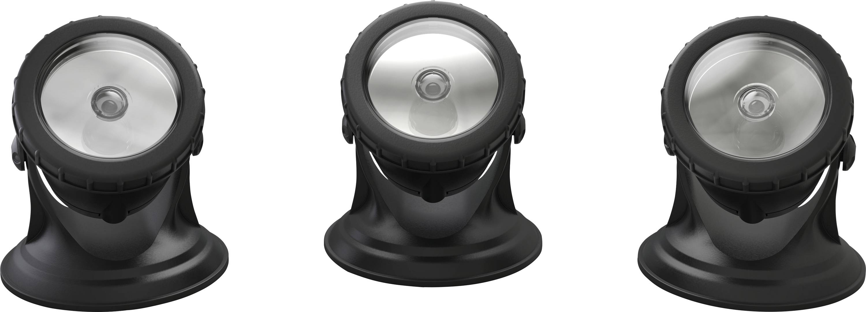 Trois projecteurs noirs identiques sont alignés côte à côte, orientés vers l'avant, montrant leurs lentilles circulaires et leurs bases robustes.