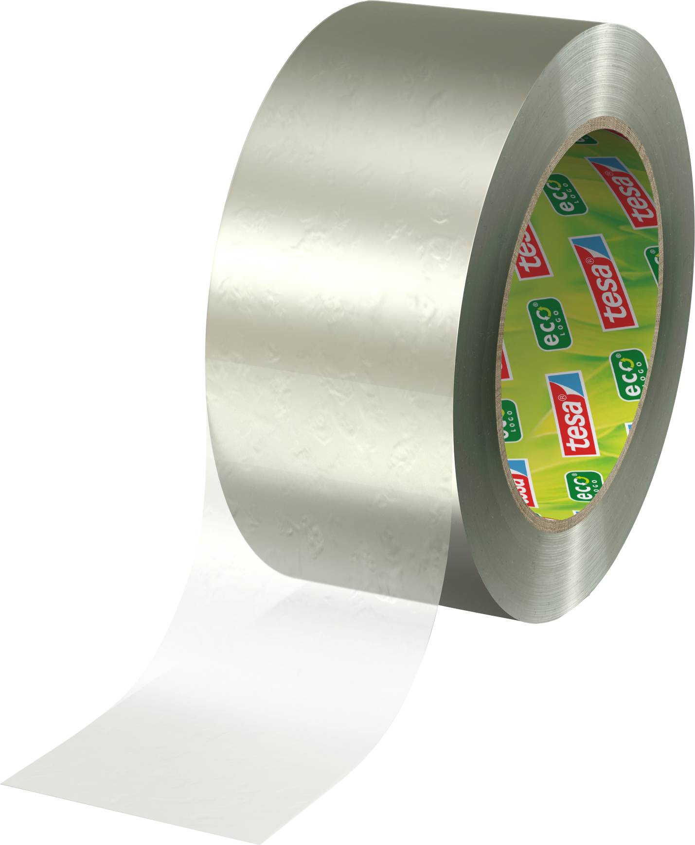 Rouleau de ruban adhésif transparent avec un léger reflet argenté, étiquette de marque 'tesa' visible à l'intérieur, partiellement déroulé.