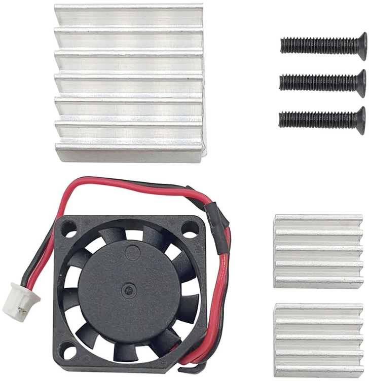 Ensemble de dissipateurs thermiques : Comprend un petit ventilateur, deux dissipateurs de chaleur de différentes tailles et trois vis. Idéal pour le refroidissement des composants électroniques.