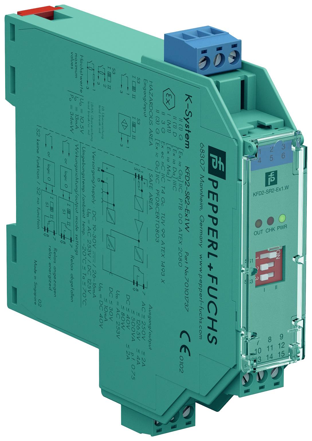 Un composant électronique vert rectangulaire avec des étiquettes et des diagrammes, montrant une entrée et une sortie avec des points de connexion.