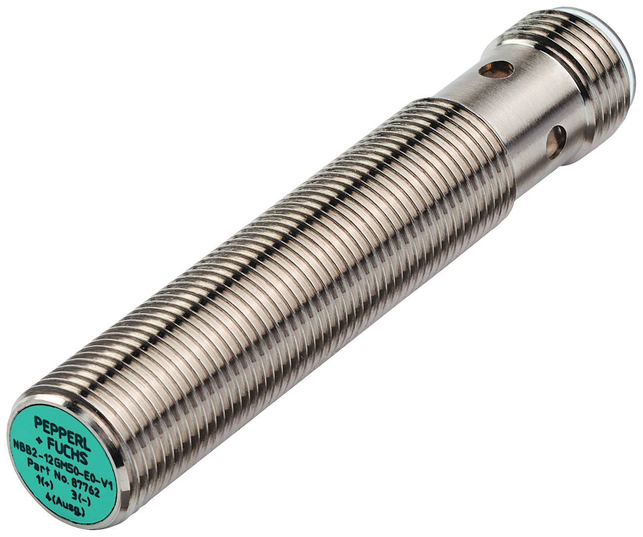 Capteur de proximité inductif cylindrique en métal avec surface rainurée, caractérisé par un capuchon vert portant une inscription.