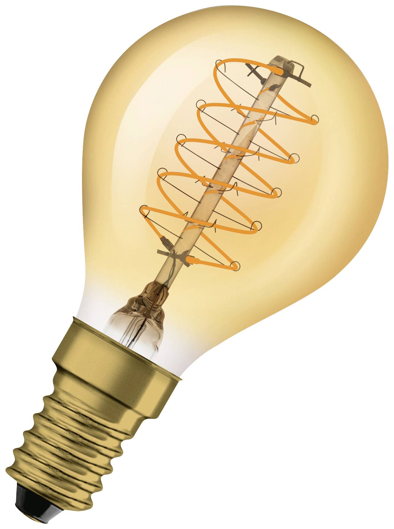 Ampoule Edison avec filament apparent, enchâssée dans un socle doré. L'ampoule dégage une lueur chaude et orangée.